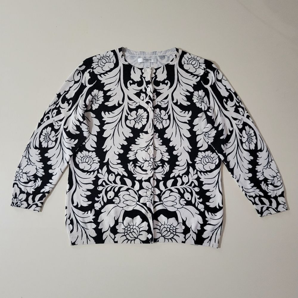 Liz Claiborne Silk Black White Floral Cardigan Knit Sweater